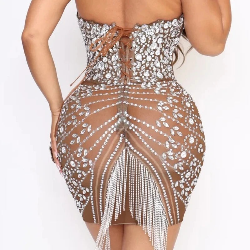 Sexy Tight Backless Tube Top Waist Rhinestone Sparkling Dress Short Skirt Hip Wrap Banquet Singer Model Vestidos Para Graduación