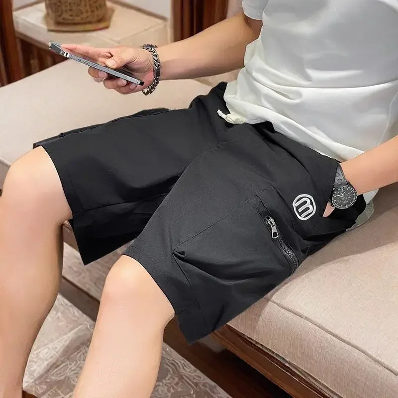 Wide with Zipper Draw String Pockets Loose Elastic Waist Mens Cargo Shorts Solid Short Pants for Men Baggy Popular Summer Strech