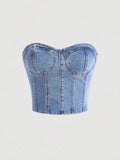 European style plunging neck denim spring new style sexy and intense allure fitted waist shaping design