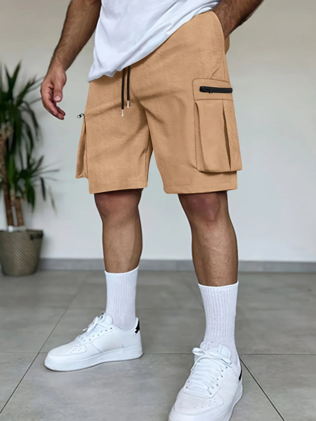 2025  Summer New Fashion Men's Solid Color Loose Drawstring Multi Pocket Shorts Casual Trendy Thin Cargo Shorts Male Clothes