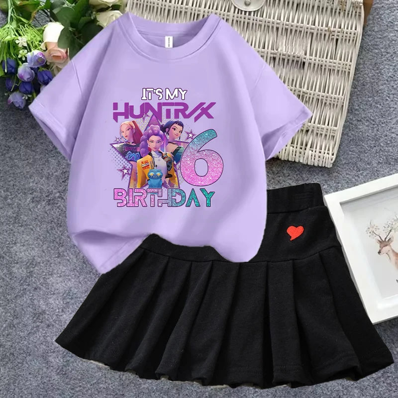 KPop Demon Hunterss T-shirt Short Skirt Set Girl Cartoon Anime Short Sleeve A-line Skirt 2-piece Children Loungewear Dress Gifts