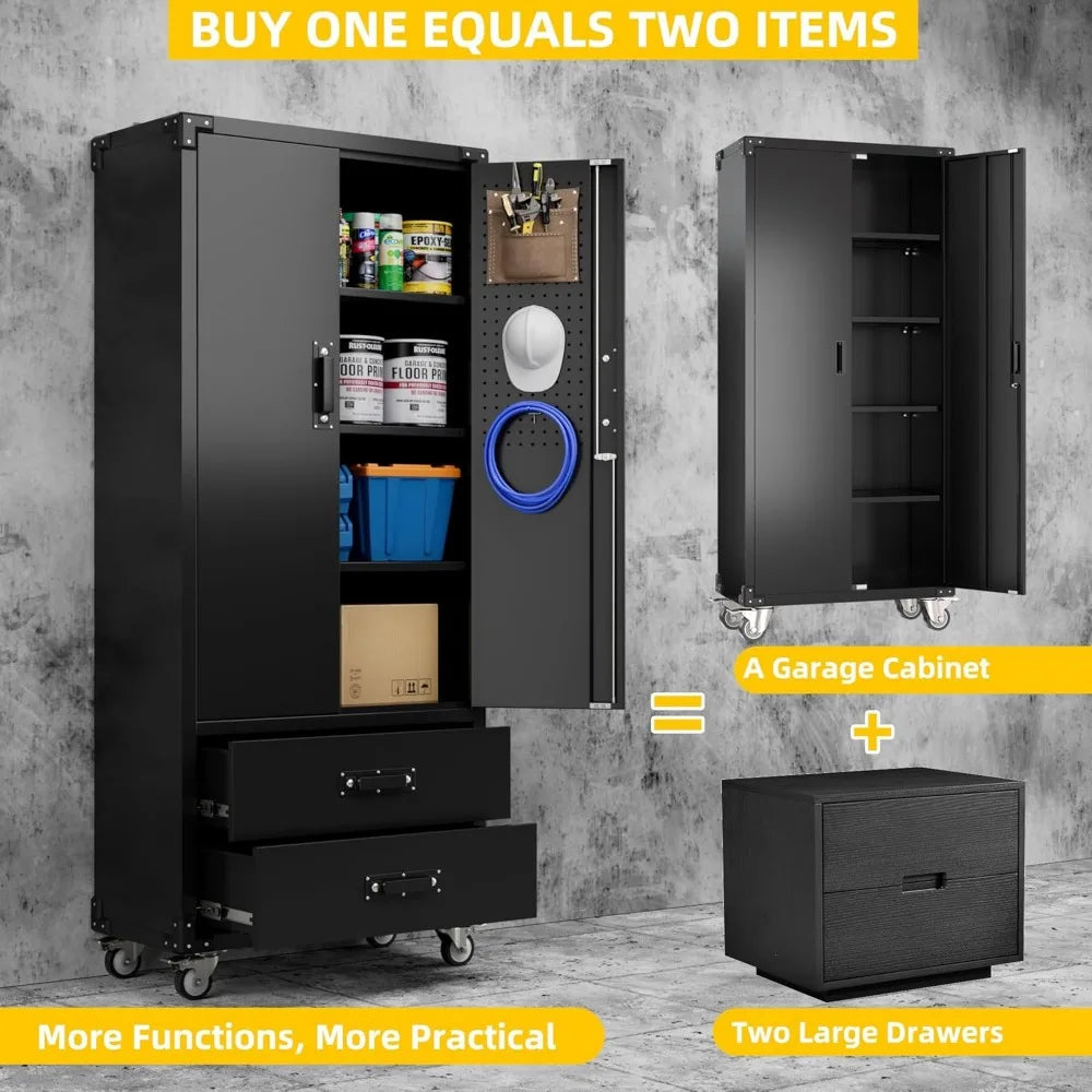 Large Metal Storage Cabinet with Wheels, Lockable Steel Cabinet featuring 3 Adjustable Shelves and 6 Hooks for Enhanced Organiza