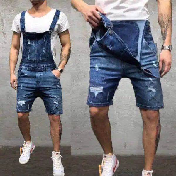 2025 Men Overalls Playsuits Denim One Piece Jeans Shorts Rompers Washing Slim Fit Holes Pockets Distressed Spliced Streetwear