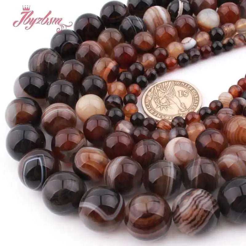 Natural Brown Stripe Agate Round Stone Beads For Jewelry Making Necklace Bracelet Strand 15 Inches DIY Loose Beads 6/8/10/12mm