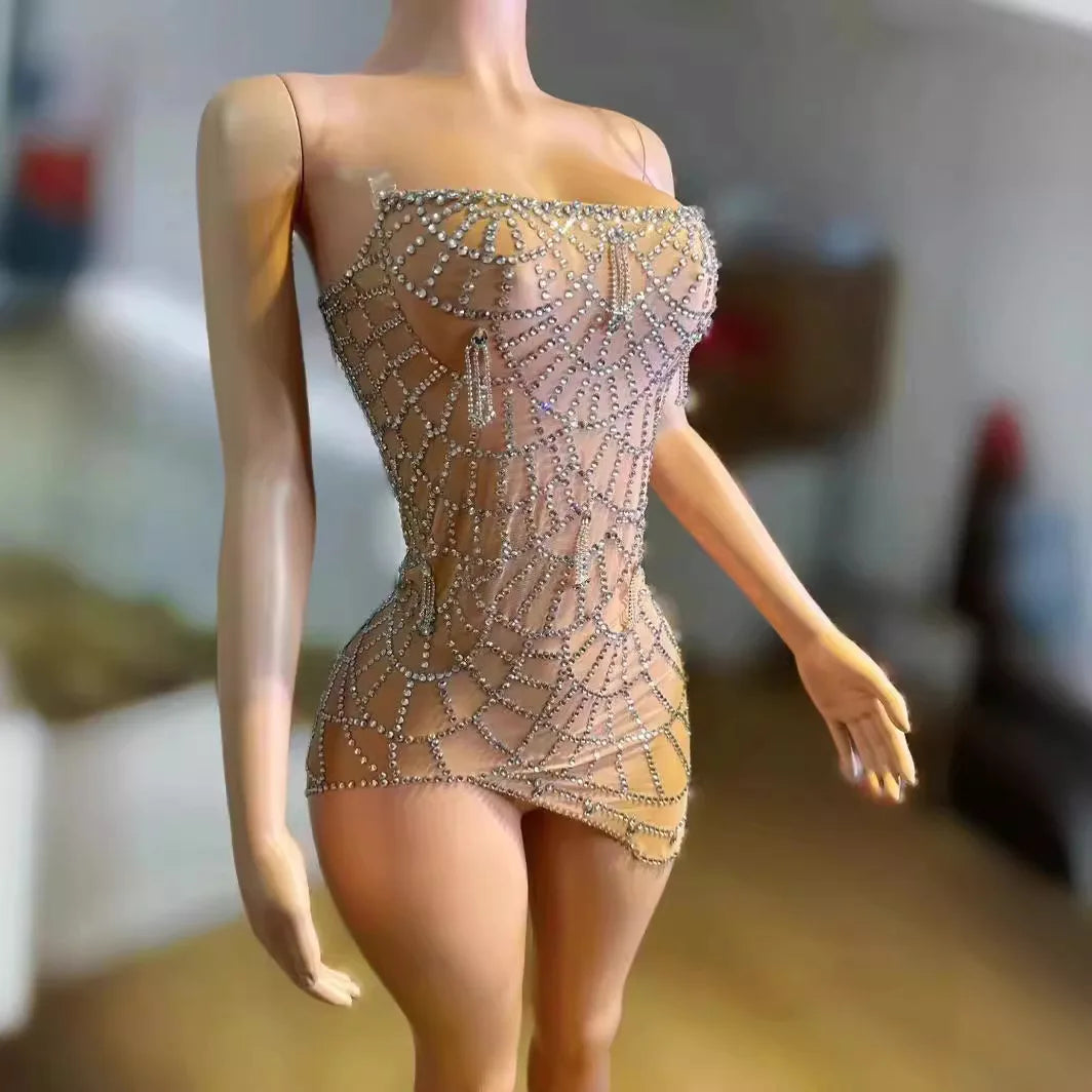 Sexy Mesh Tube Top Tight Backless Irregular Design Sense Mesh Rhinestone Shining Gift Vestidos Promoção Plus Sai-se Party Dress