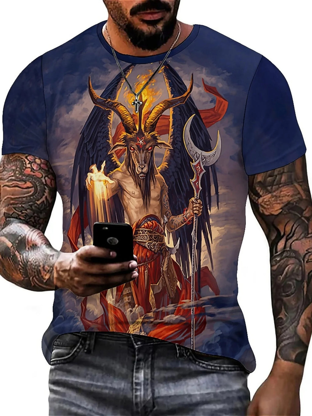 Men's 3D Demon Print T-Shirt | Bold Dark Style Graphic Tee with Intricate Fantasy Design | Short Sleeve, Round Neck