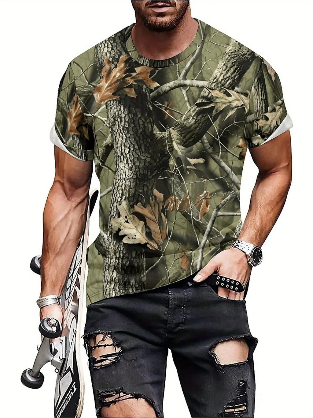 Men'S Camo 3D Geometric Abstract Print T-Shirt - Short Sleeve, Crew Neck, Stretchy Fabric, Perfect for Summer Outdoor Adventures