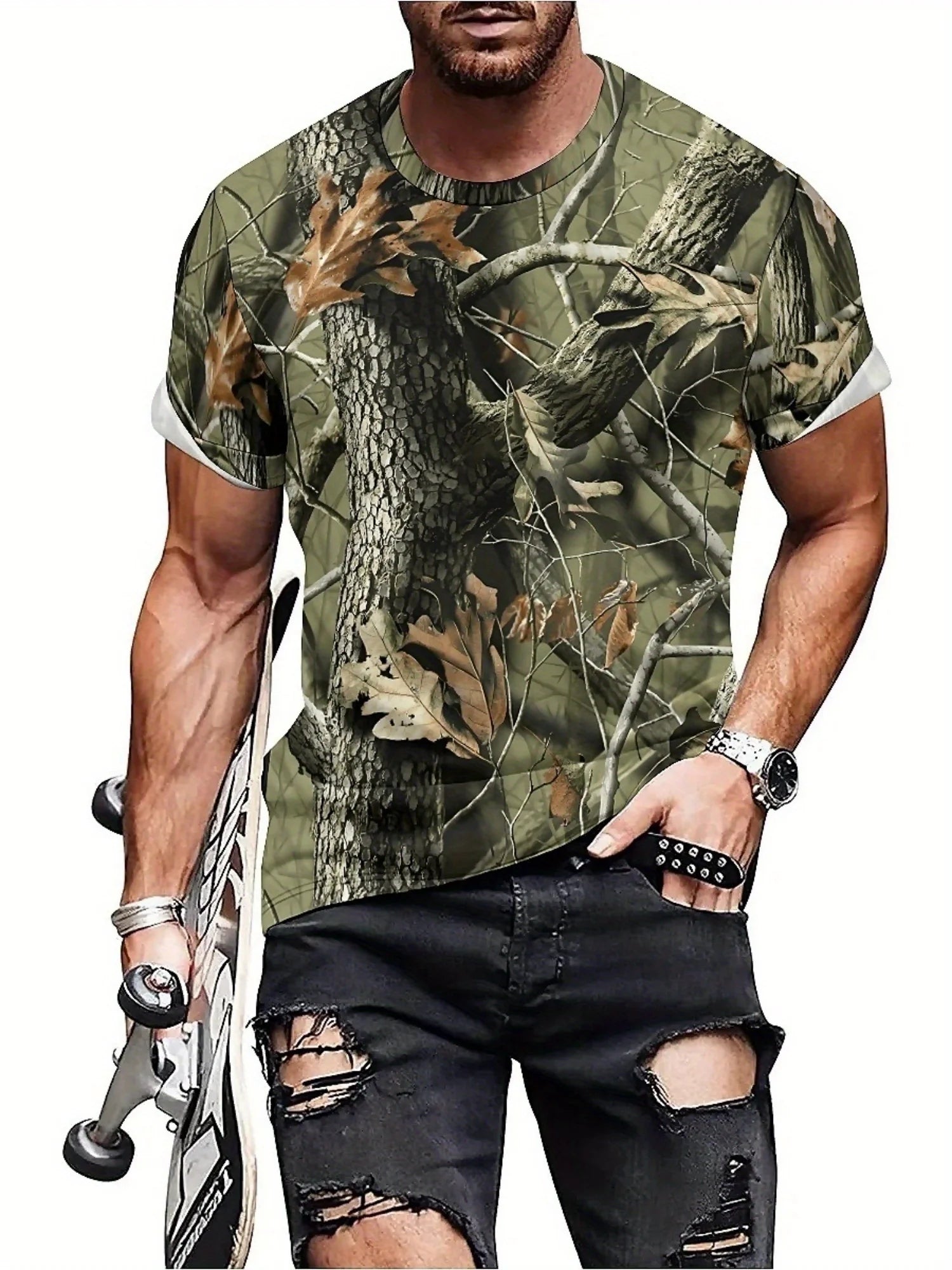 Men'S Camo 3D Geometric Abstract Print T-Shirt - Short Sleeve, Crew Neck, Stretchy Fabric, Perfect for Summer Outdoor Adventures