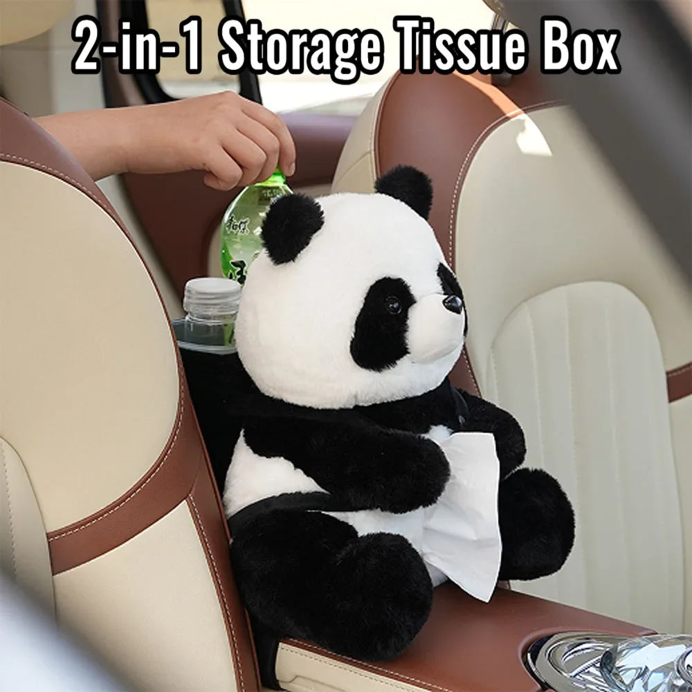 Cute Panda 2-in-1 Storage Tissue Box Car Accessories Kawaii Auto Interior Creative Armrests Drink Bottle Cup Holder Garbage Can