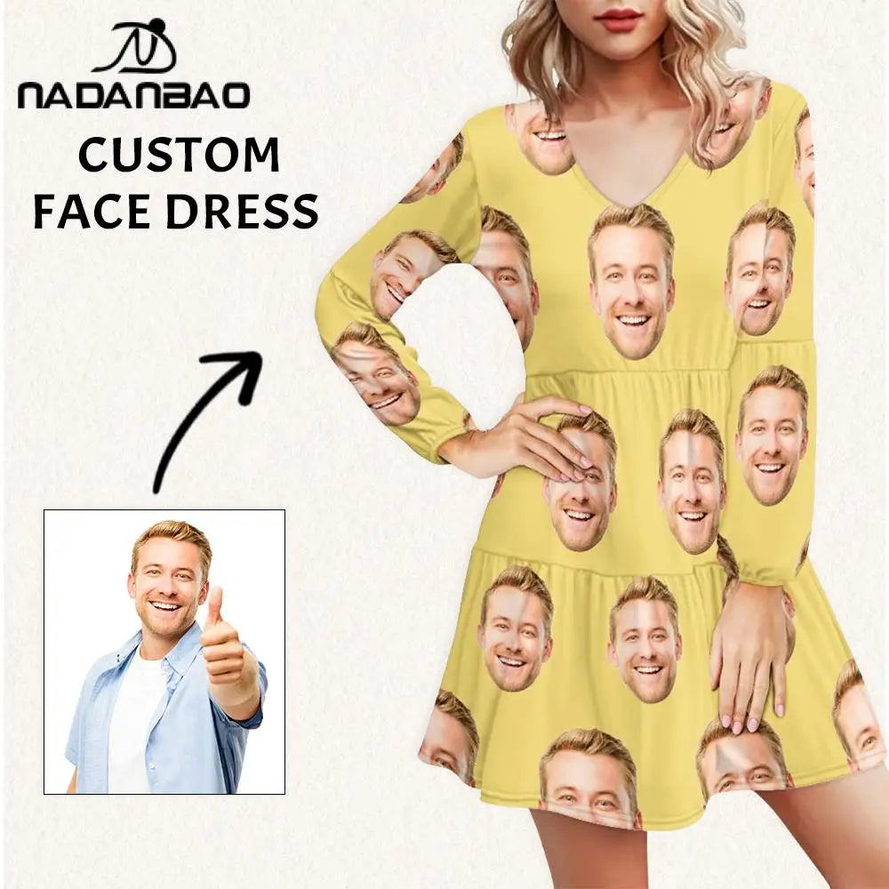 Your Image Customized Women's Long Sleeve Face Dress DIY Your Logo or Text V-neck Dresses Custom  Autumn Lady Party Dress Gifts