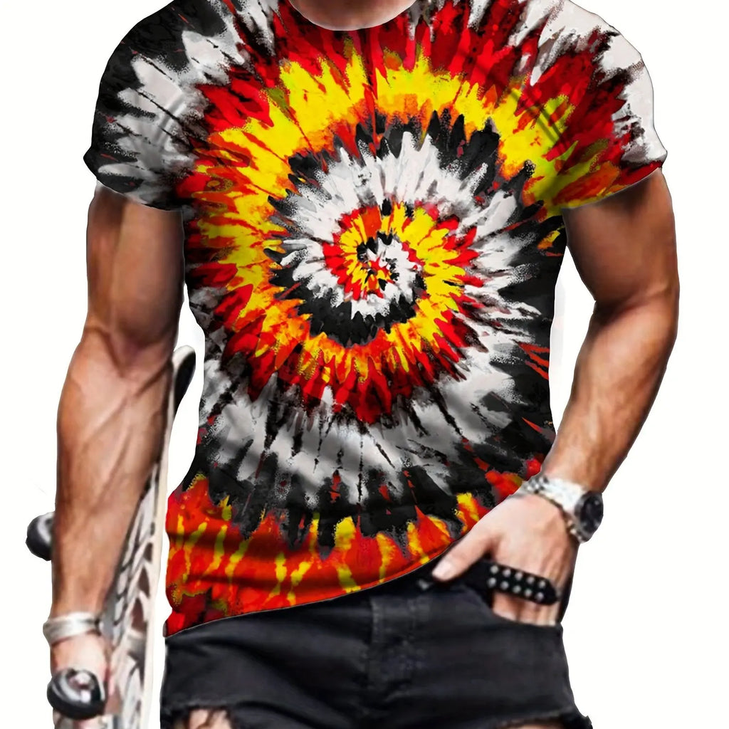 Men'S Vibrant Tie-Dye 3D Print T-Shirt - Red, Yellow & Black Swirl Pattern, Short Sleeve, Crew Neck, Lightweight Polyester