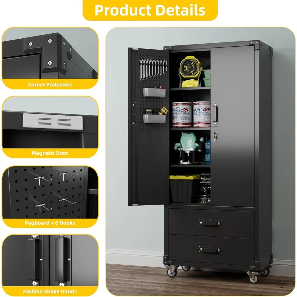 Large Metal Storage Cabinet with Wheels, Lockable Steel Cabinet featuring 3 Adjustable Shelves and 6 Hooks for Enhanced Organiza