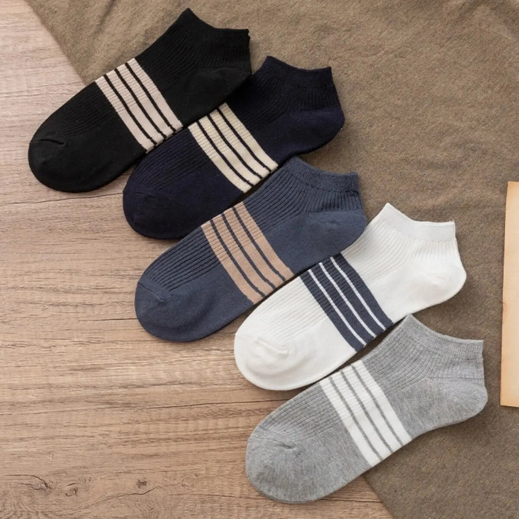5pairs Men's Fashion Sports Socks, Striped Cotton Sweat Absorption Breathable Comfortable Ankle Socks