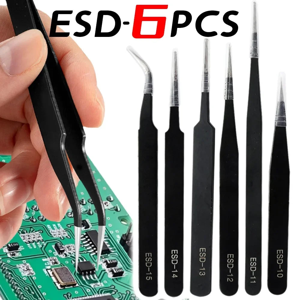 Precision Tweezers Set ESD Stainless Steel Anti-static Tweezers PCB Repair Tools for Electronics Repair Soldering Craft Tools