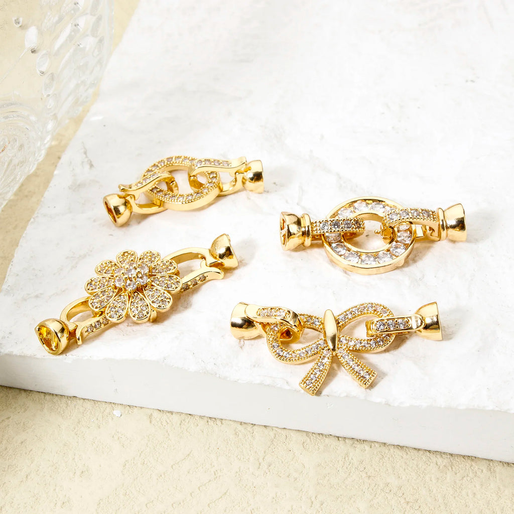 1pc Brass Fold Over Clasps Gold Color Round Flower Bowknot Clear Cubic Zirconia Charms DIY Necklace Bracelet Jewelry Findings