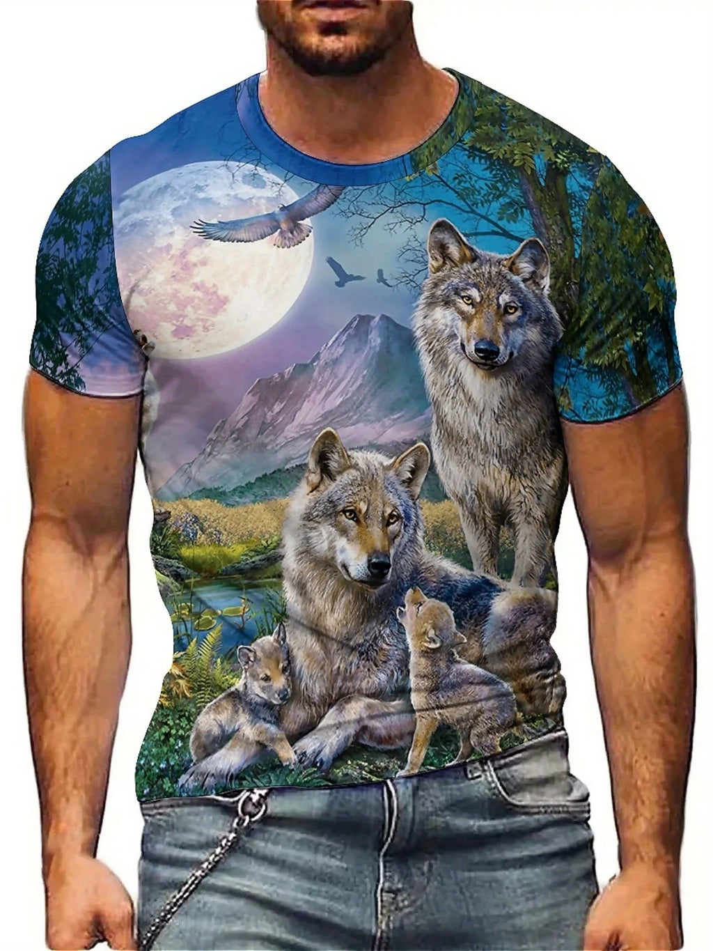3D Wolf Pack Print T-Shirt - Short Sleeve, Crew Neck, Nature-Inspired Design with Moonlit Forest & Mountain Scene