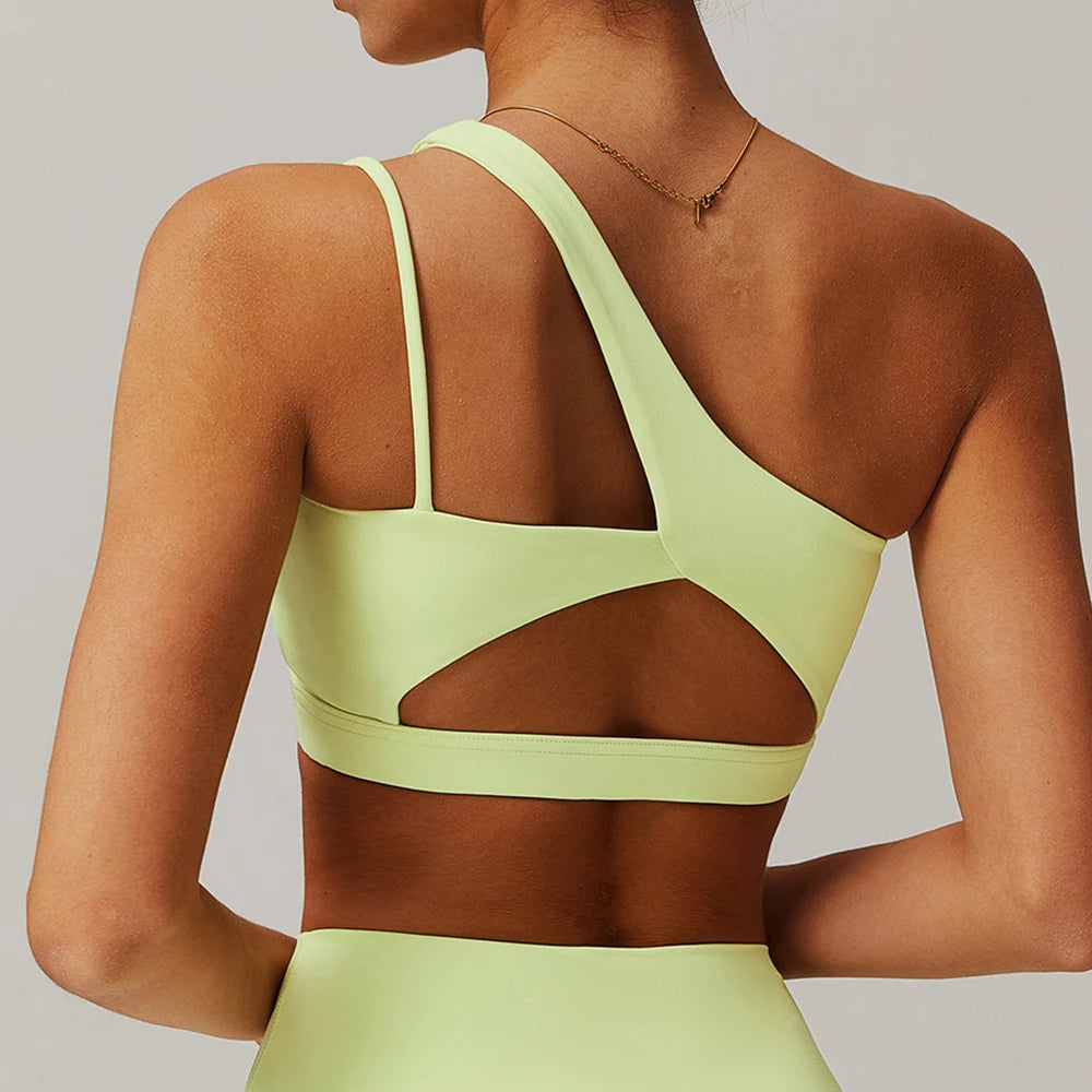 Oblique Shoulder Yoga Bra Women's Beautiful Back Gym Sports Underwear Hollow out Back Running Fitness Vest Push Up Workout Top