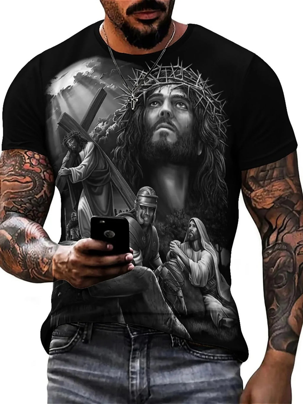 Men'S Plus Size Jesus 3D Print Short Sleeve T-Shirt - Soft Polyester Comfortable Round Neck Tee with Cross & Figures Design