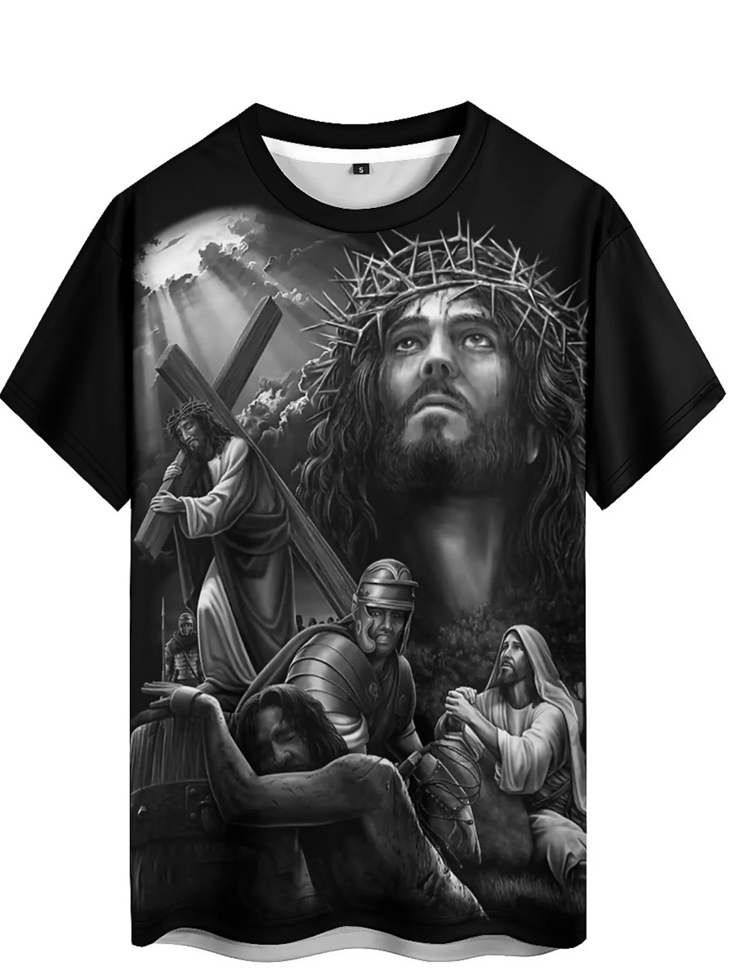 Men'S Plus Size Jesus 3D Print Short Sleeve T-Shirt - Soft Polyester Comfortable Round Neck Tee with Cross & Figures Design