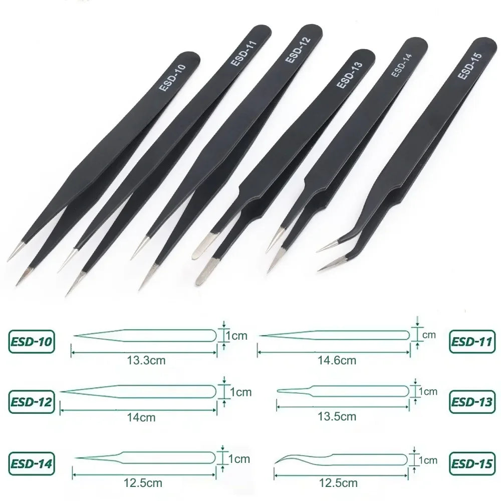 Precision Tweezers Set ESD Stainless Steel Anti-static Tweezers PCB Repair Tools for Electronics Repair Soldering Craft Tools