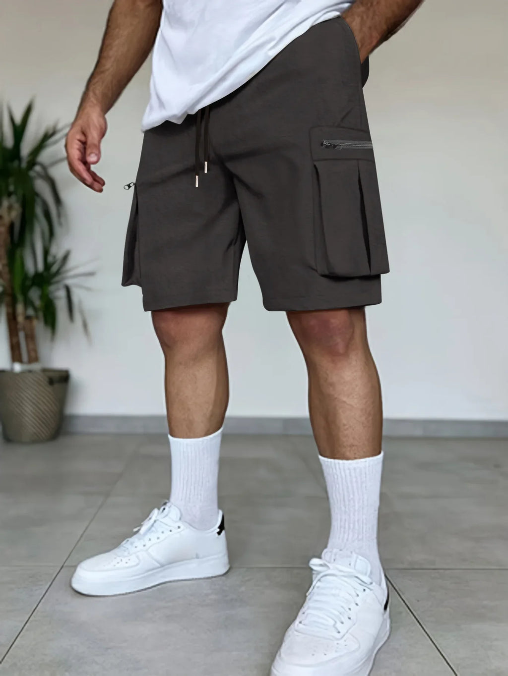 2025  Summer New Fashion Men's Solid Color Loose Drawstring Multi Pocket Shorts Casual Trendy Thin Cargo Shorts Male Clothes