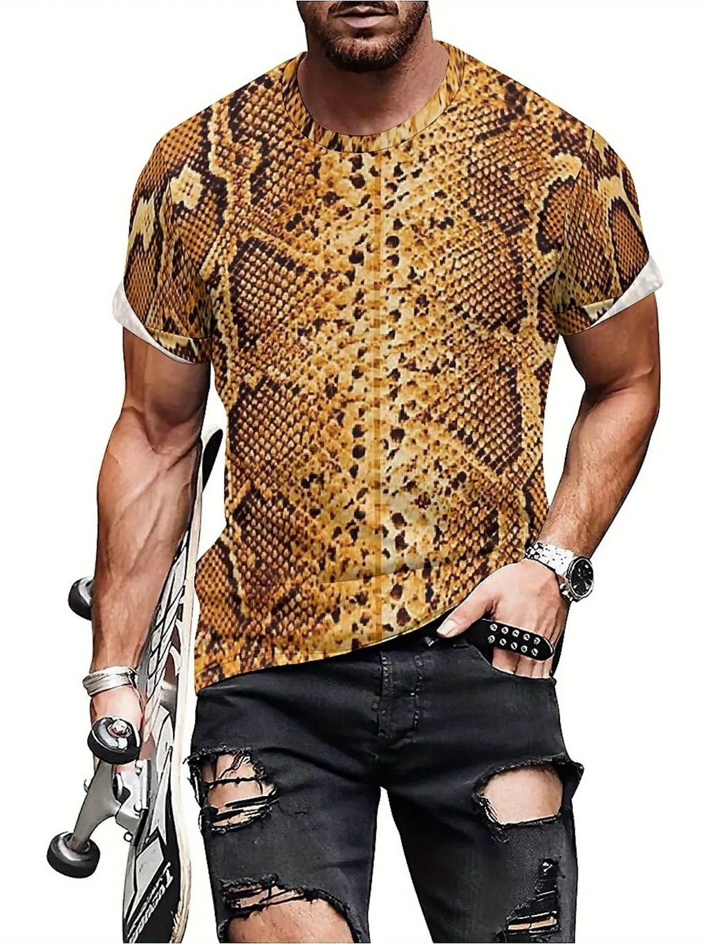 Men'S 3D Print Snake Graphic T-Shirt - Soft Polyester, Short Sleeve, Round Neck, All-Season Comfort,