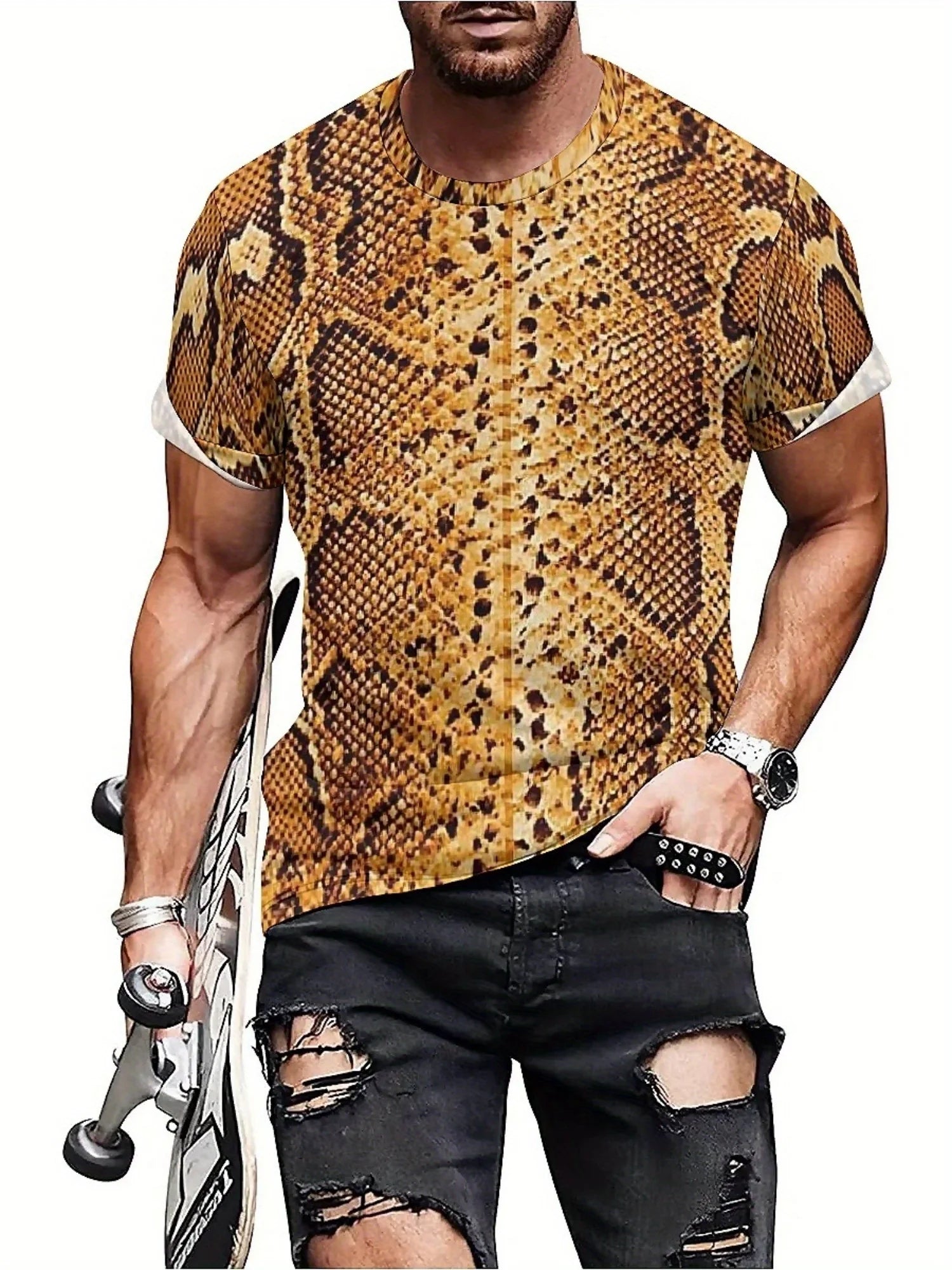 Men'S 3D Print Snake Graphic T-Shirt - Soft Polyester, Short Sleeve, Round Neck, All-Season Comfort,