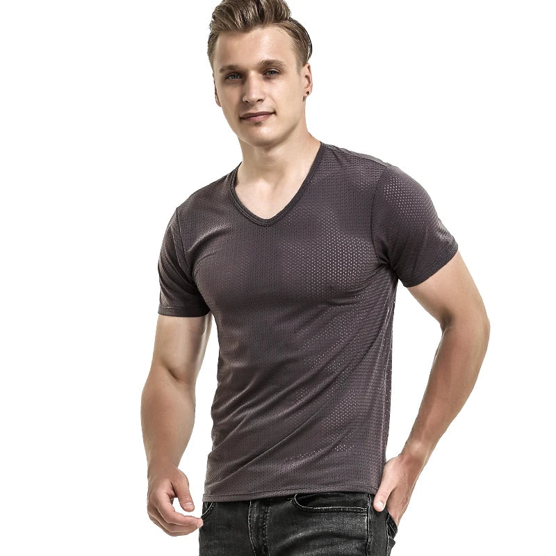 2PCSIce silk mesh T-shirt for men, breathable mesh with perforated fabric, sports and fitness, dry, loose V-neck, trendy m
