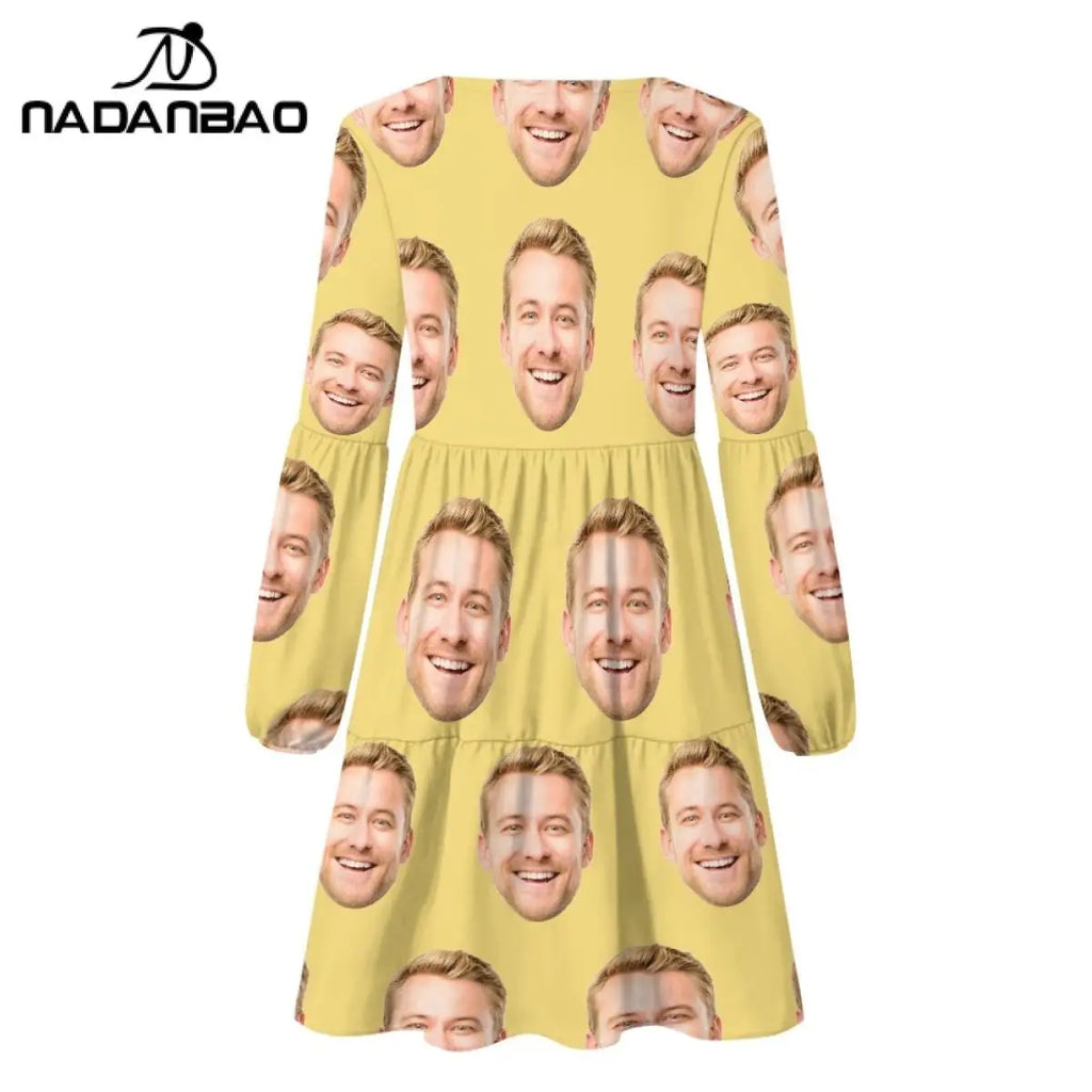 Your Image Customized Women's Long Sleeve Face Dress DIY Your Logo or Text V-neck Dresses Custom  Autumn Lady Party Dress Gifts