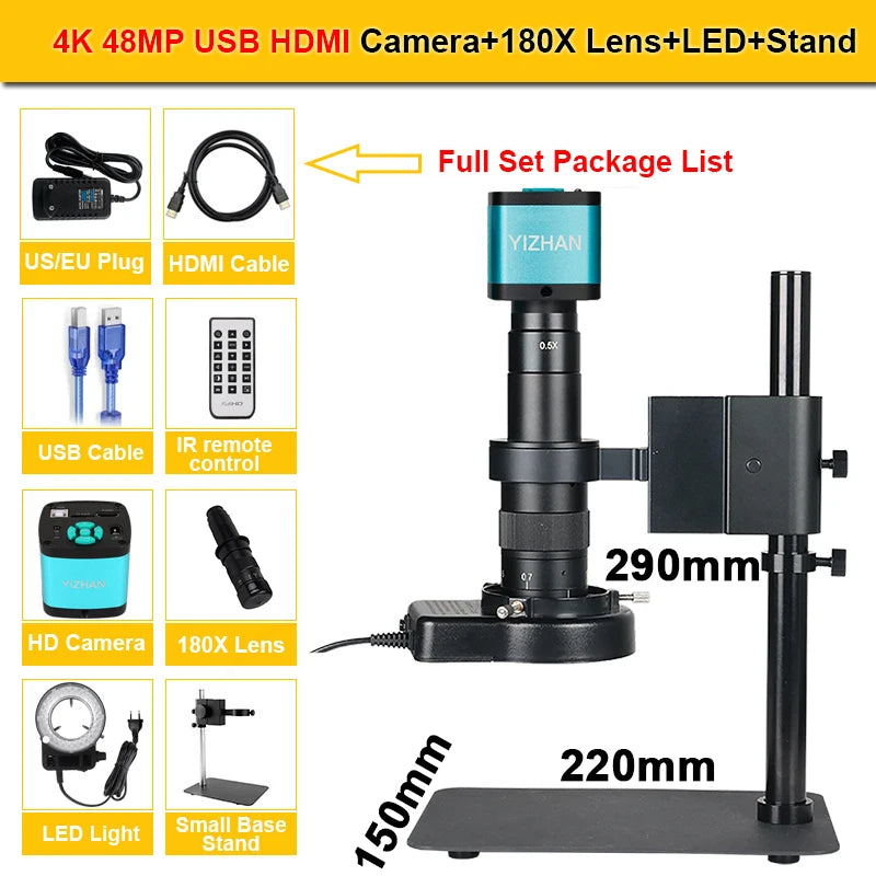130X 150X 180X 215X C-Mount Zoom Lens Electronic Digital Microscope 4K 48MP HD Video Recording Industrial Cameras Repair Tools
