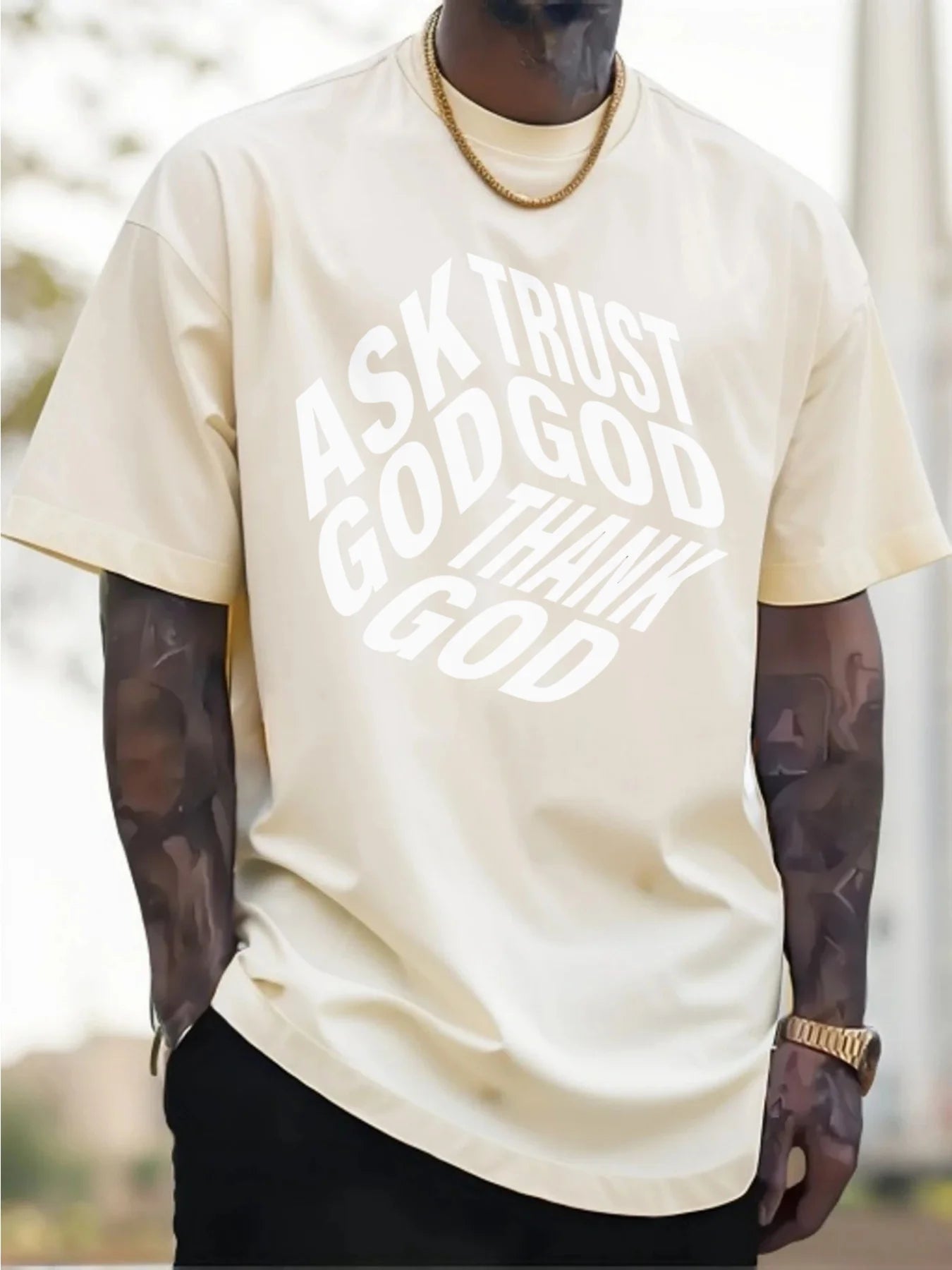 2025 Men'S Casual Pure Cotton T-Shirt Featuring a Bold ASK GOD TRUST GOD THANK GOD Print Design Men'S Outdoor Clothing