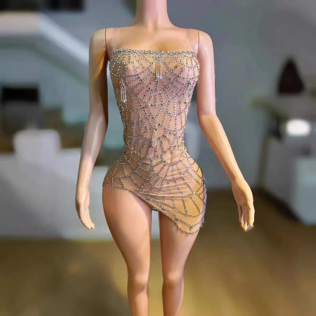 Sexy Mesh Tube Top Tight Backless Irregular Design Sense Mesh Rhinestone Shining Gift Vestidos Promoção Plus Sai-se Party Dress