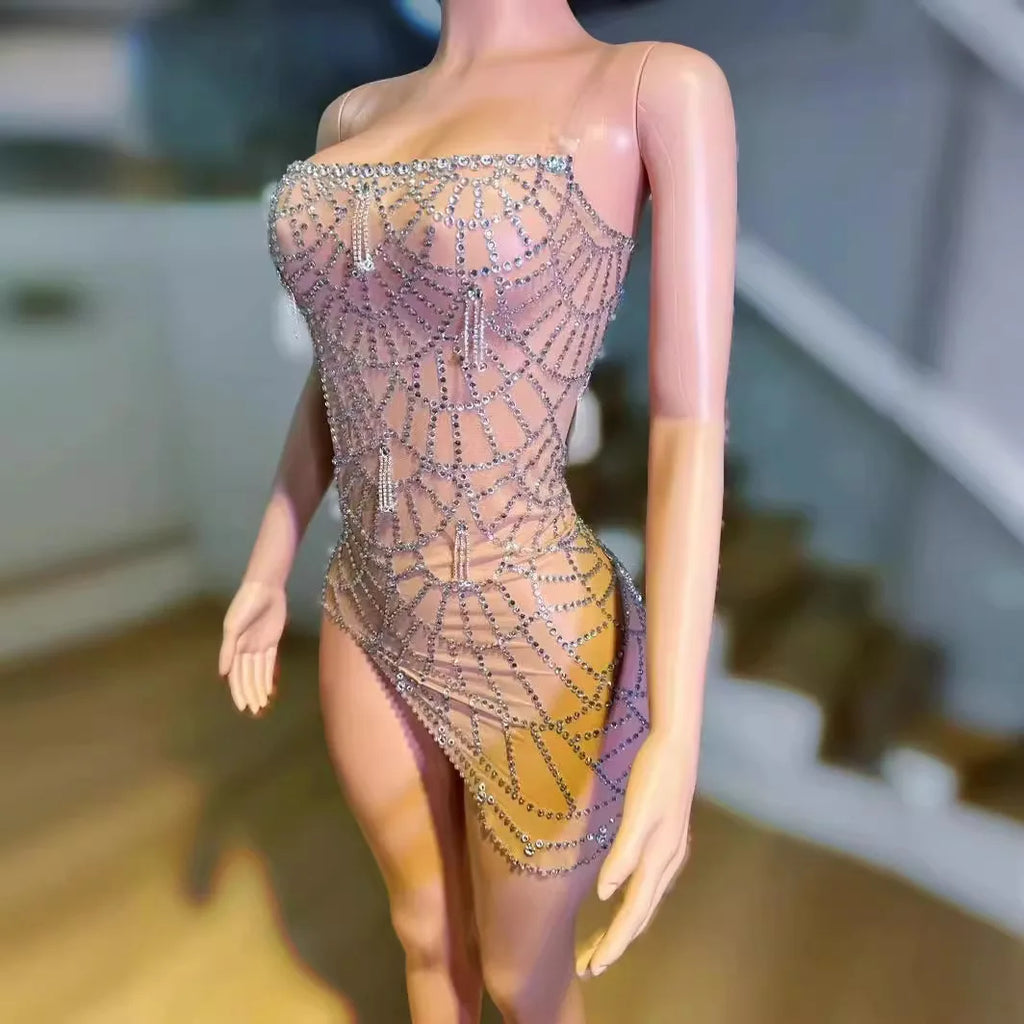 Sexy Mesh Tube Top Tight Backless Irregular Design Sense Mesh Rhinestone Shining Gift Vestidos Promoção Plus Sai-se Party Dress