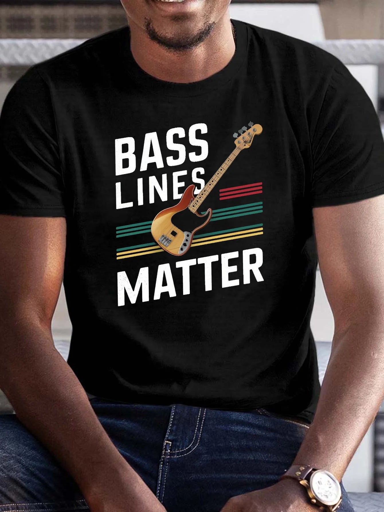 Men's Casual Bass Guitar Lines Matter Graphic T-Shirt - Polyester, Round Neck, Short Sleeve, Machine Washable - Stylish Summer