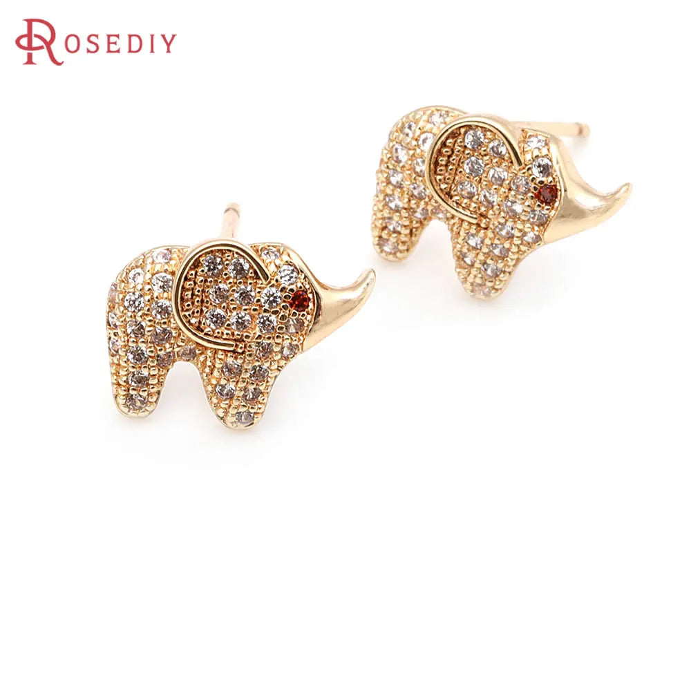 4PCS 18K Gold Color Brass and Zircon Elephant Stud Earrings Pins Earrings High Quality Diy Jewelry Making Accessories for Women