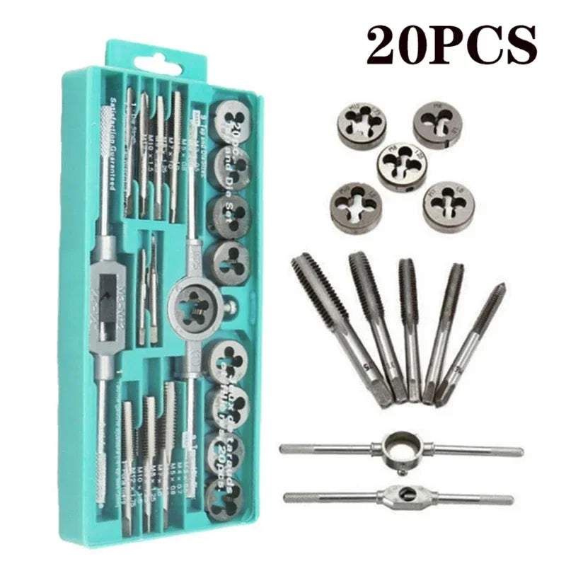 20Pcs Metric Hand Tap and Die Set Multifunction M3-M12 Screw Thread Plugs Straight Taper Reamer Tool Tapping and Thread Tools