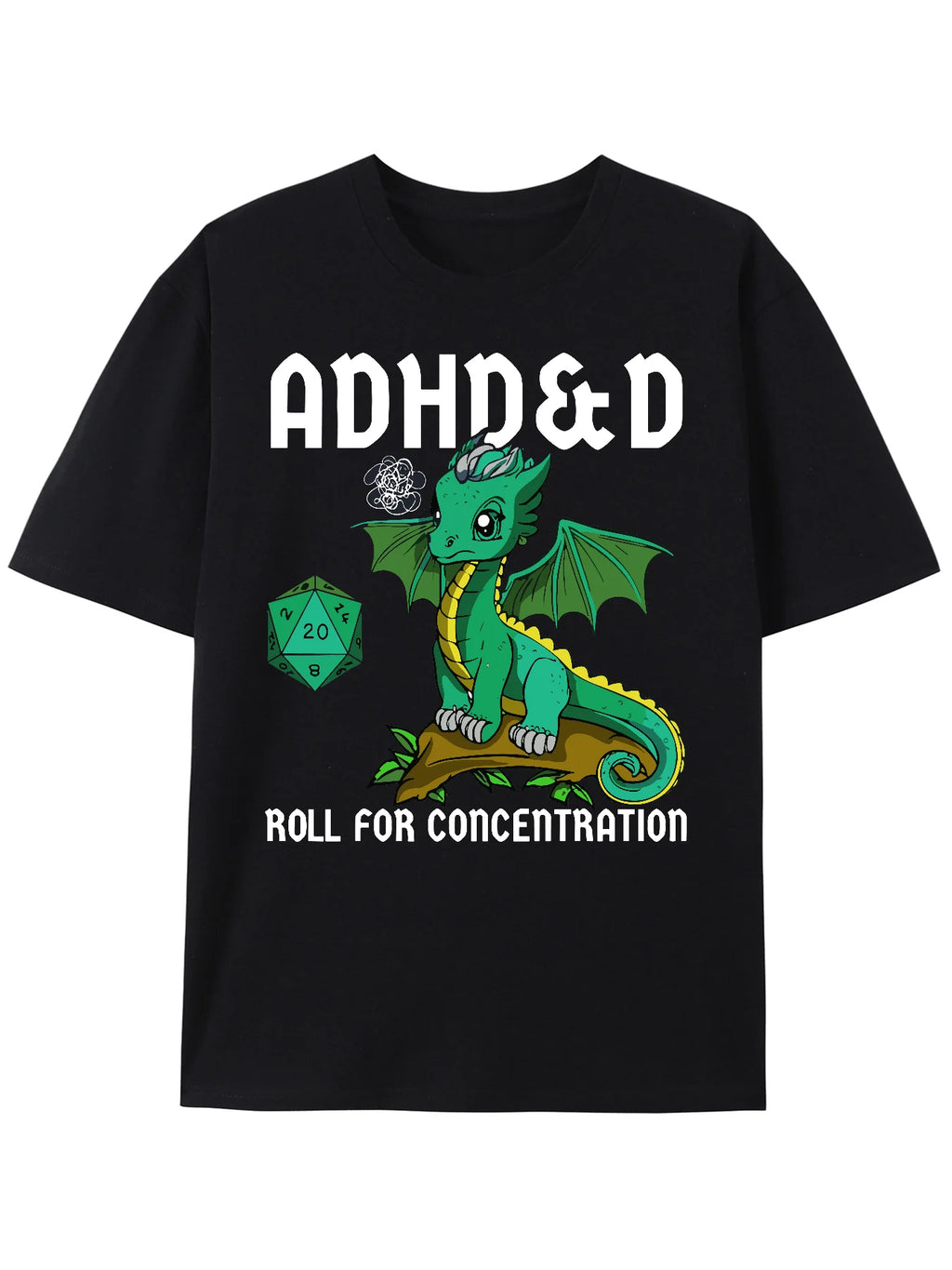 Cotton Printed Men's T-Shirt - ADHD&D Roll For Concentration Featuring Cute Dragon