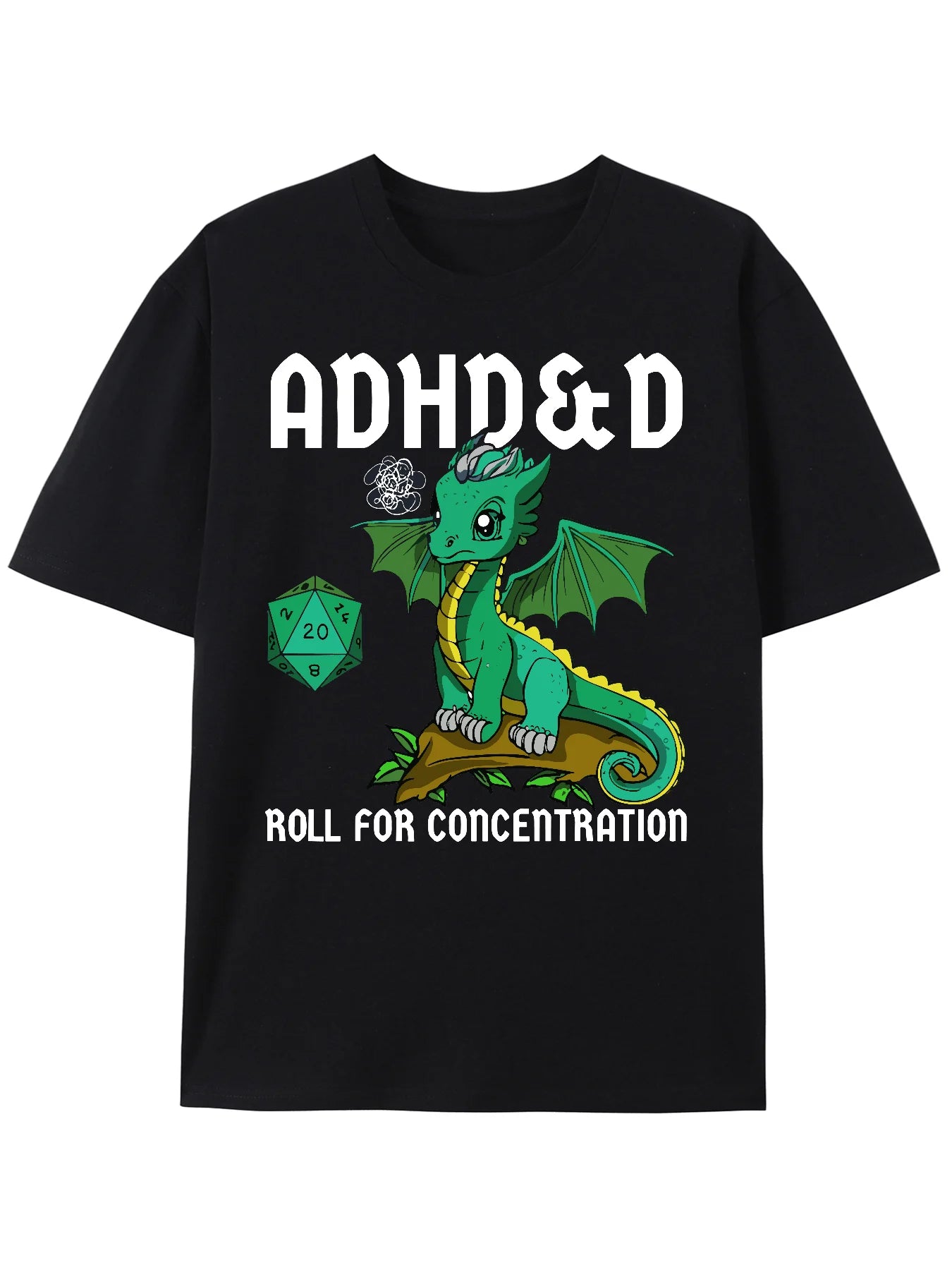 Cotton Printed Men's T-Shirt - ADHD&D Roll For Concentration Featuring Cute Dragon