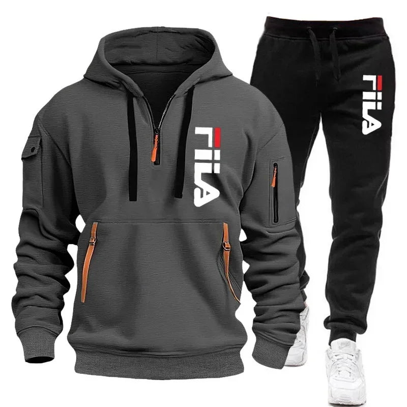 Men's set 2025 Autumn/Winter new Men's hooded sweatshirt + long pants two-piece set, outdoor multi-pocket men's pullover sportsw