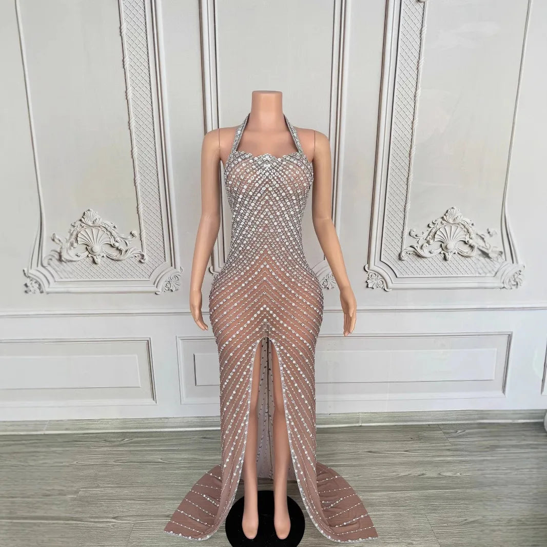 2025 Performance Clothes Female Group Rhinestone Waist Mesh Long Trailing Skirt Guest Model High-end Light Luxury Banquet Dress