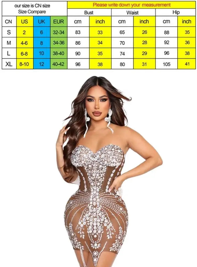 Sexy Tight Backless Tube Top Waist Rhinestone Sparkling Dress Short Skirt Hip Wrap Banquet Singer Model Vestidos Para Graduación