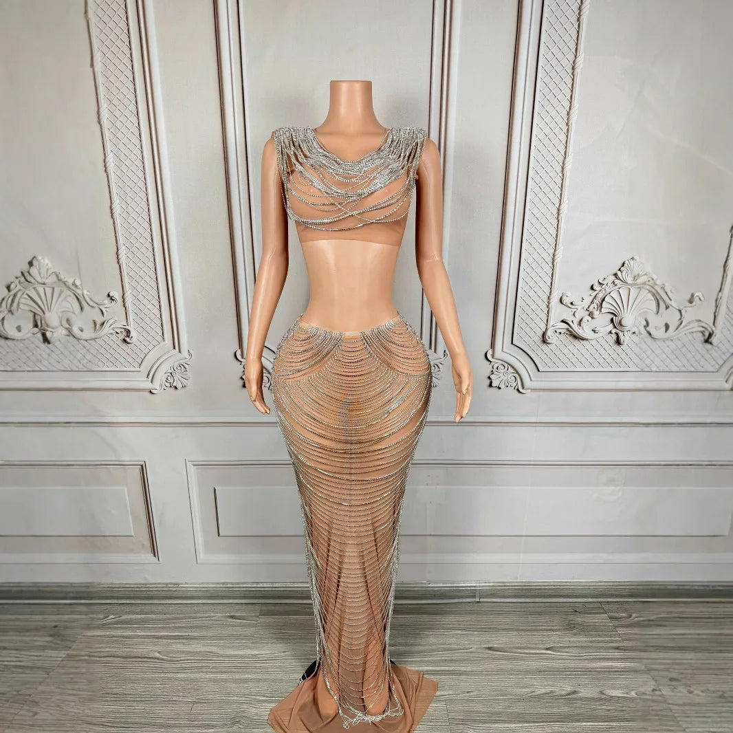Luxury Silver Chain High-end Banquet Evening Dress Annual Meeting Women's High-end Singer Fashion Singing Clothes Slinky Dresses