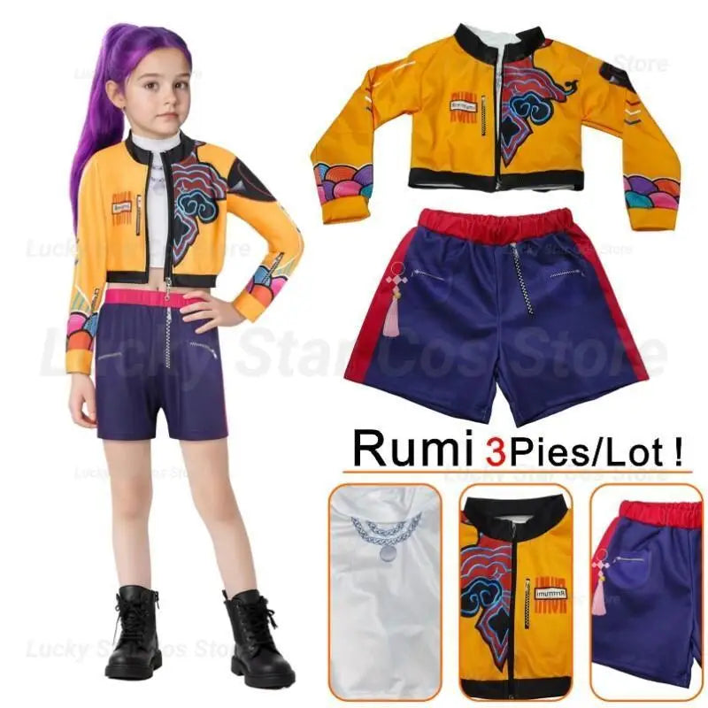 Movie kpop demon hunter Rumi Cosplay Costume for Girl Halloween Carnival Rumi jacket vest and shorts Three-piece Set Dress Up
