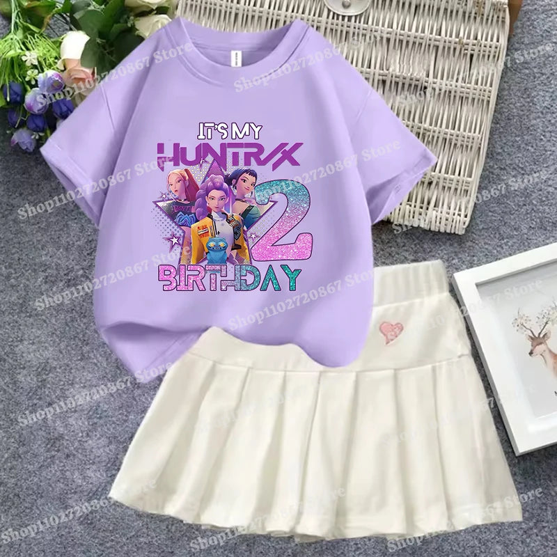 KPop Demon Hunterss T-shirt Short Skirt Set Girl Cartoon Anime Short Sleeve A-line Skirt 2-piece Children Loungewear Dress Gifts