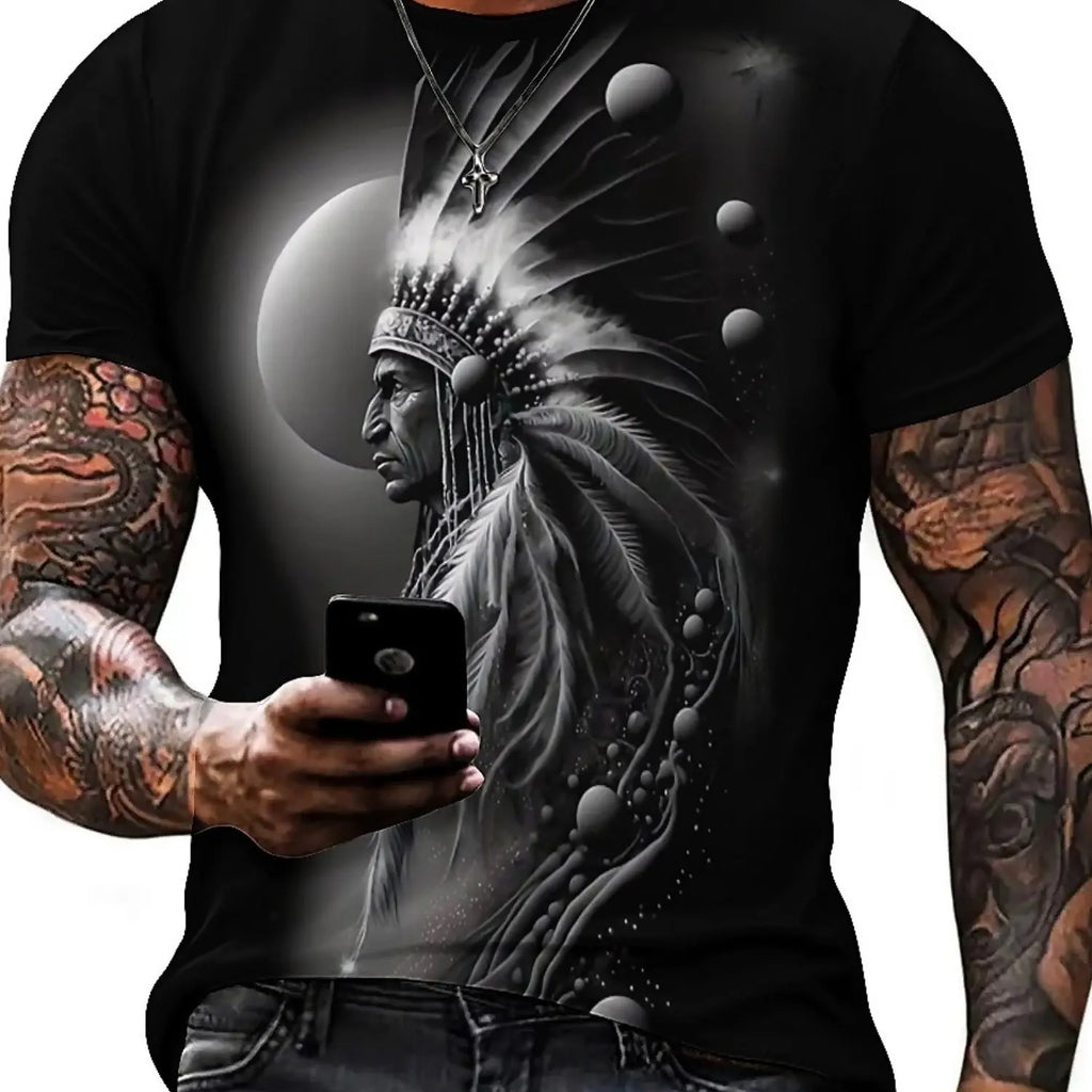 Men's 3D Printed Tribal Chieftain Graphic T-Shirt - Gothic Retro Design, Breathable Polyester, Regular Fit Short Sleeve Tee