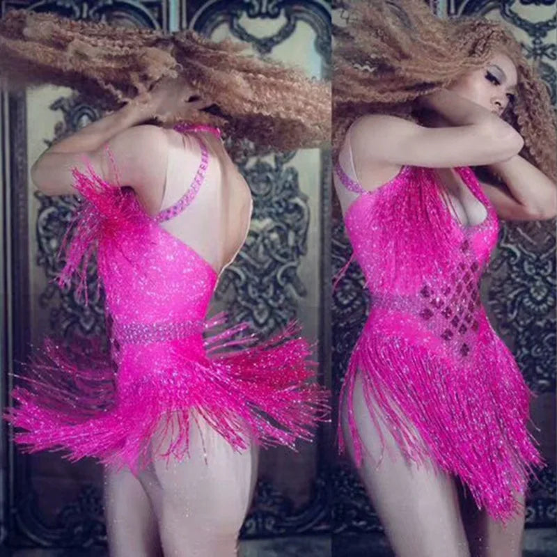 Birthday Party Sexy Stage Show Costume Bar Dj Turtleneck Diamond Fringed Stretch Onesie Skirt Vestidos Elegantes Mujer De Fiesta