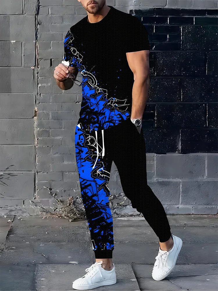 2025 Autumn Simple Striped 3D Printed Men's 2pcs Set, Daily Loose And Casual Men's Short-sleeved Shirt And Drawstring Long Pants