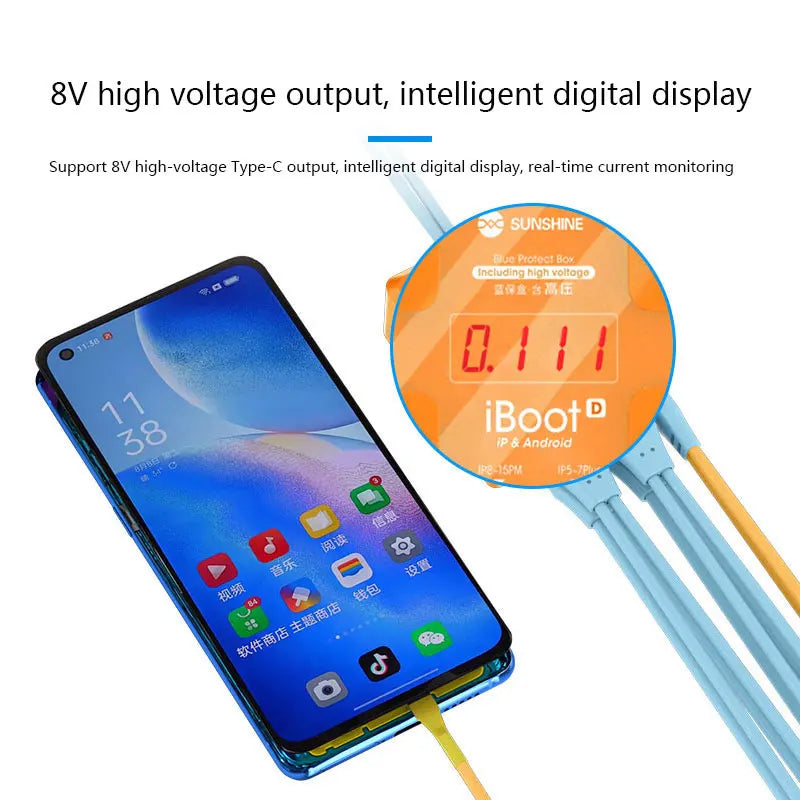 SUNSHINE iBoot-D 8V High-Voltage Power-On Cable Digital Display Type-C Output Dual-Battery Support for iPhone 6S-15PM & Android