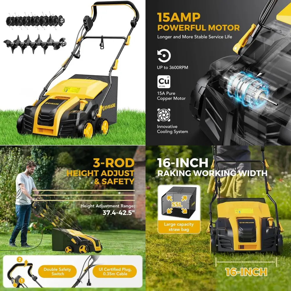 16-Inch Electric Dethatcher and Scarifier with 15 Amp Power, 5-Position Depth Control, 14.5 Gallon Bag for Enhanced Lawn Care