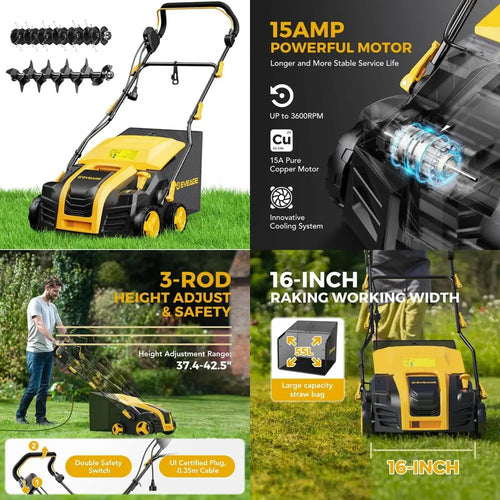 16-Inch Electric Dethatcher and Scarifier with 15 Amp Power, 5-Position Depth Control, 14.5 Gallon Bag for Enhanced Lawn Care